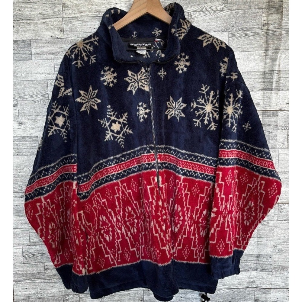 Vintage fleece‎ Print Jacket Women's XL Red Blue Snowflakes Coat Cabincore